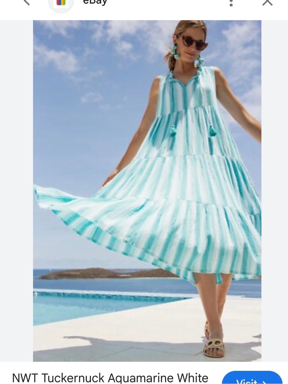 Tuckernuck Salty Paloma Aquamarine Striped Tiered Midi Dress NWOT
